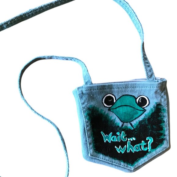 Handmade Crossbody Bag: Recycled Denim Cell Phone Holder, Whimsical Frog Purse - Picture 1 of 8